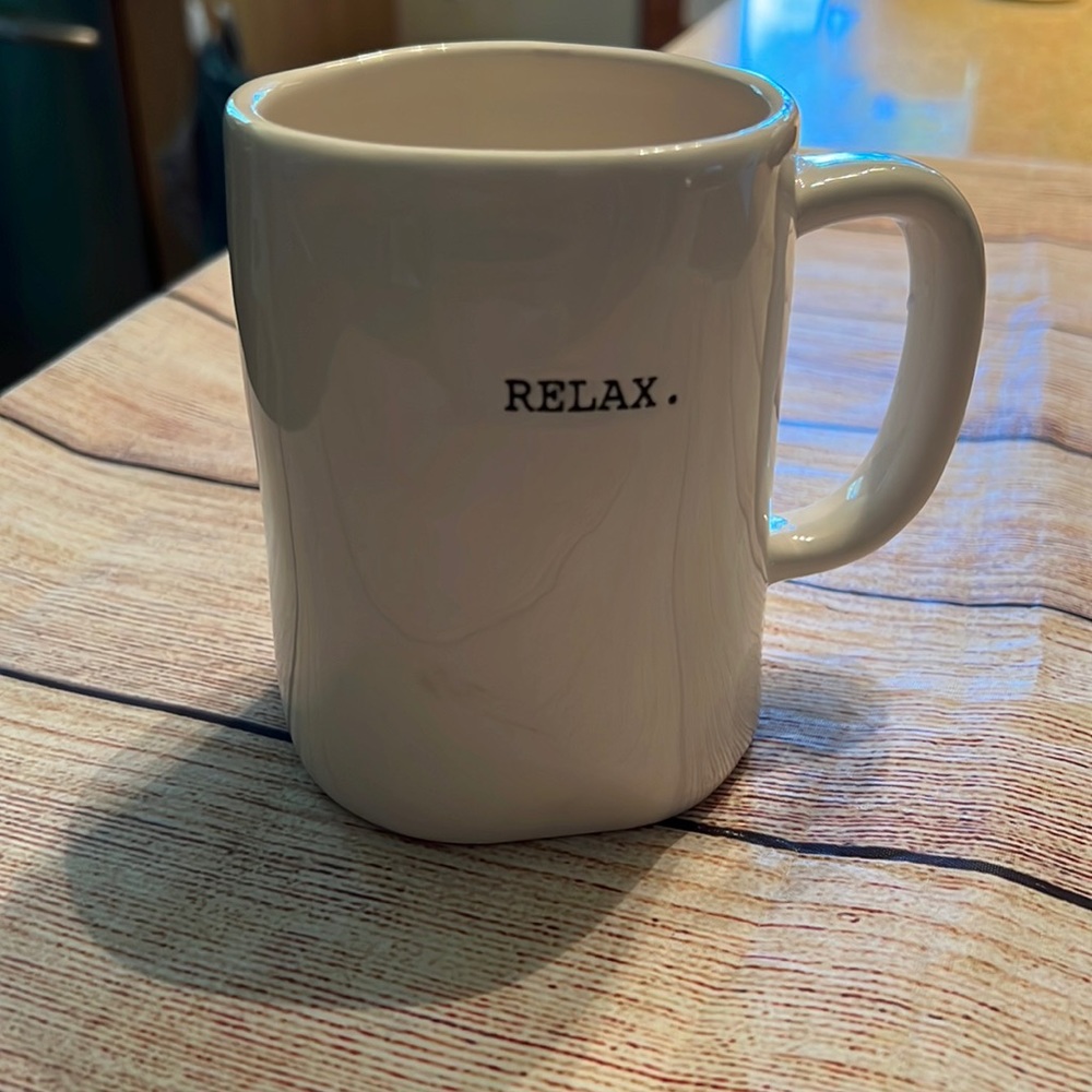 Rae Dunn Magenta “Relax” Coffee Mug Typewriter print